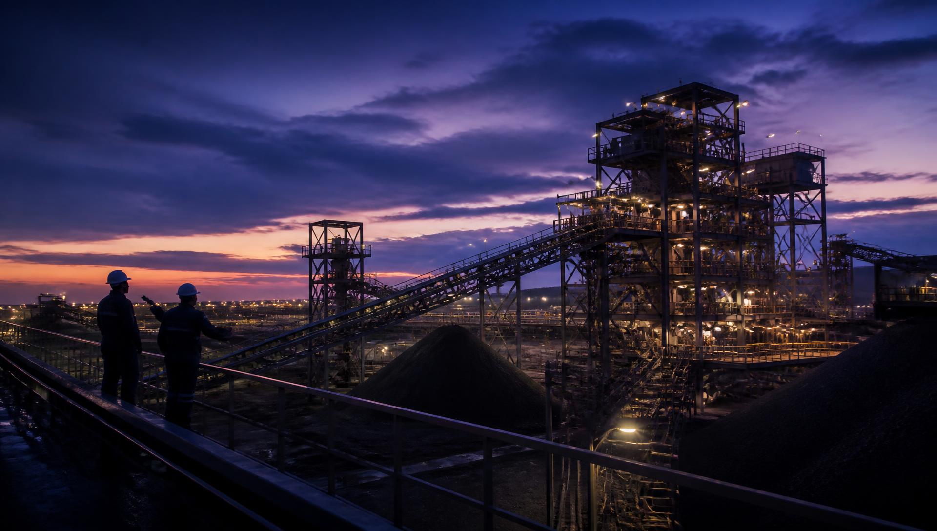 Mineral processing plant and conveyor infrastructure at dusk with engineers on site
