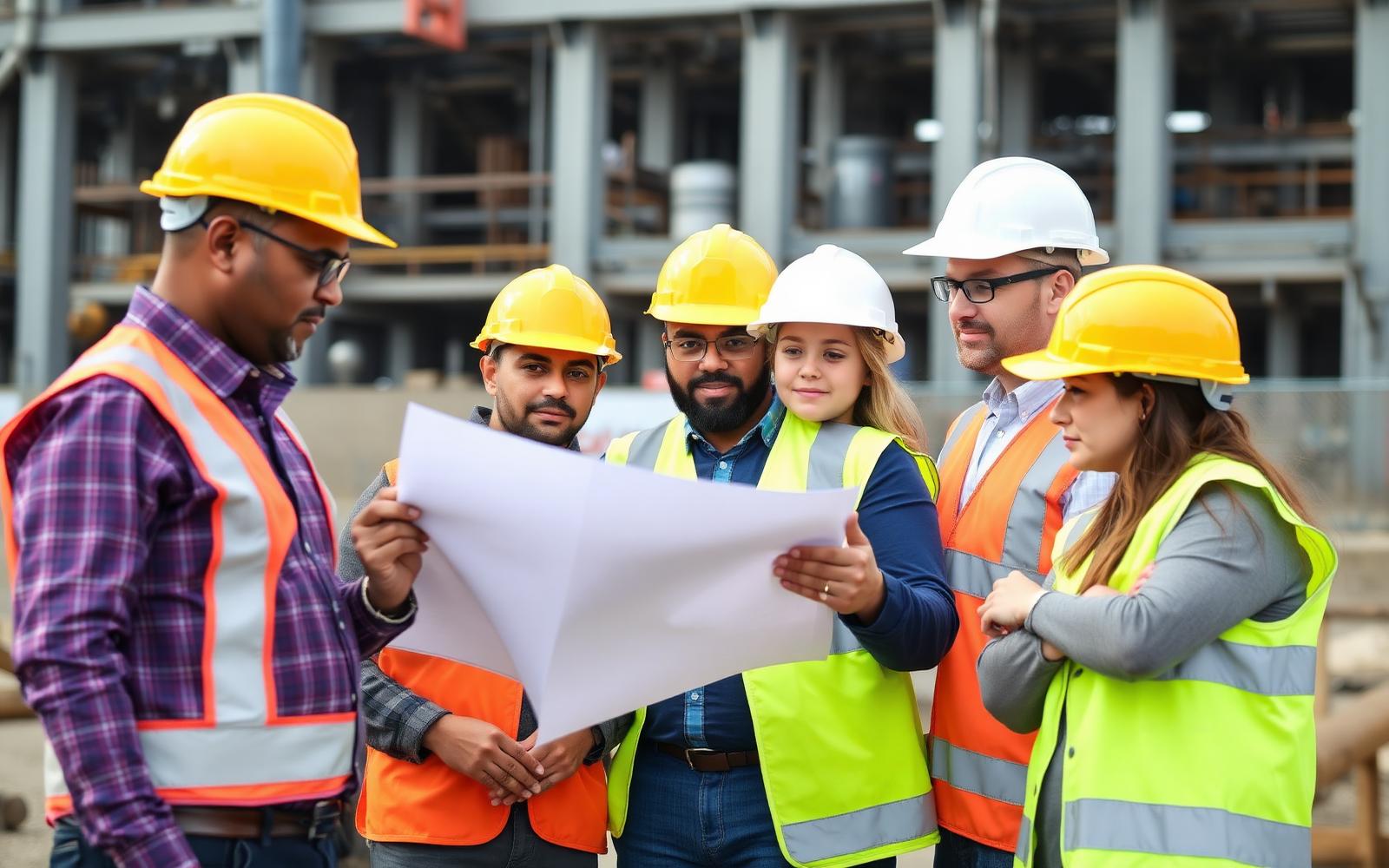 Engineering team reviewing technical drawings on an industrial construction site